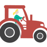cartoon drawing of a lady driving a red tractor