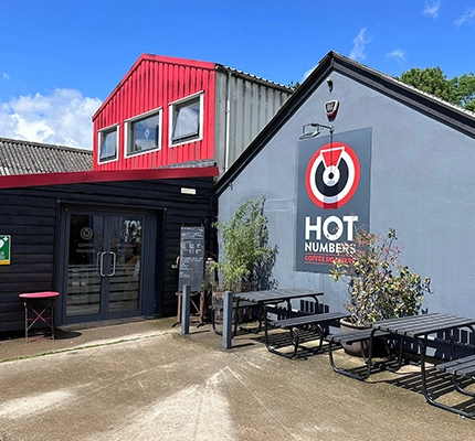 Outside shot of Hot Number roastery and cafe in Shepreth